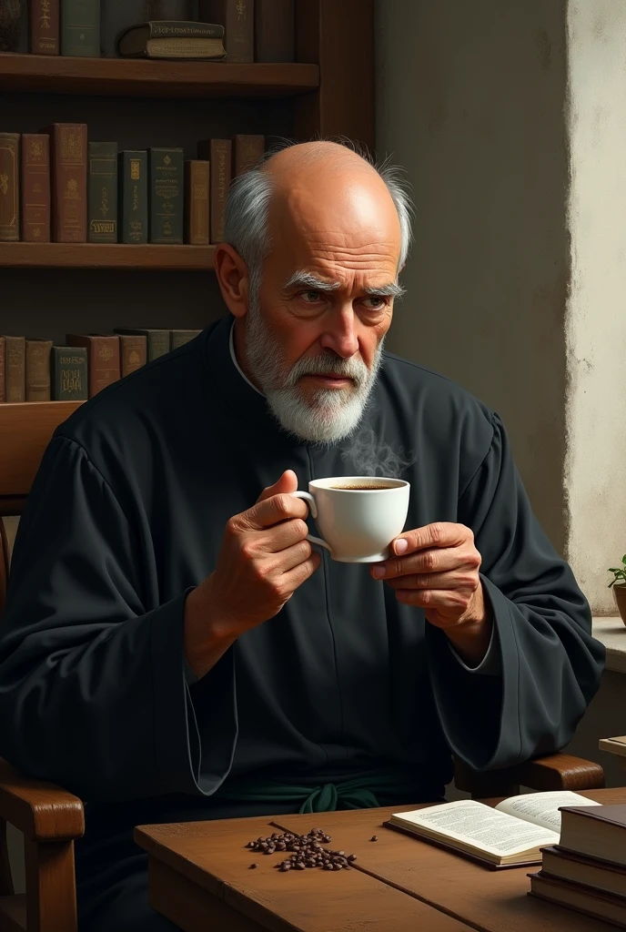 creates an image of an old Jesuit with a little baldness and no facial hair drinking Colombian coffee