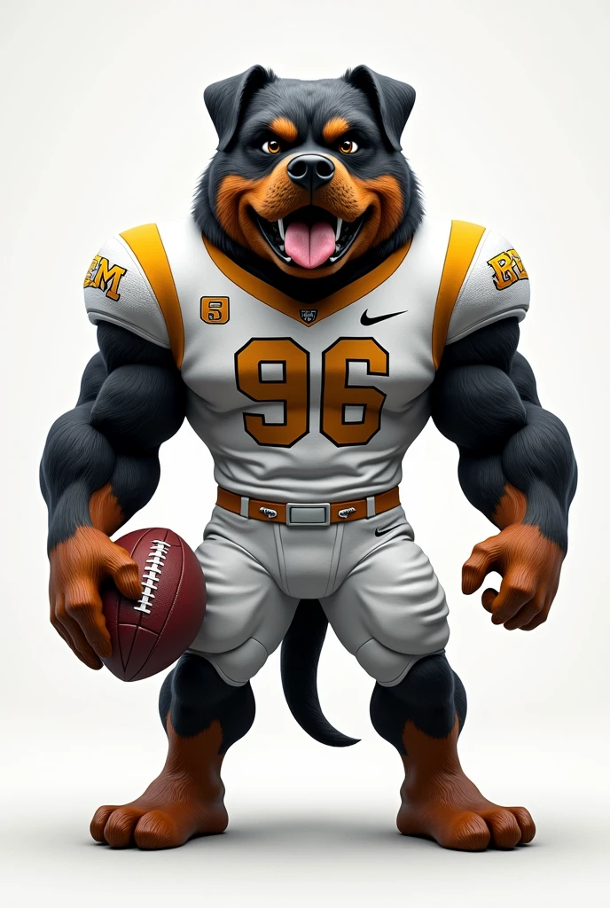 A mascot for the MP football team represented by a strong and imposing rottweiler in a white and gold uniform holding a football.