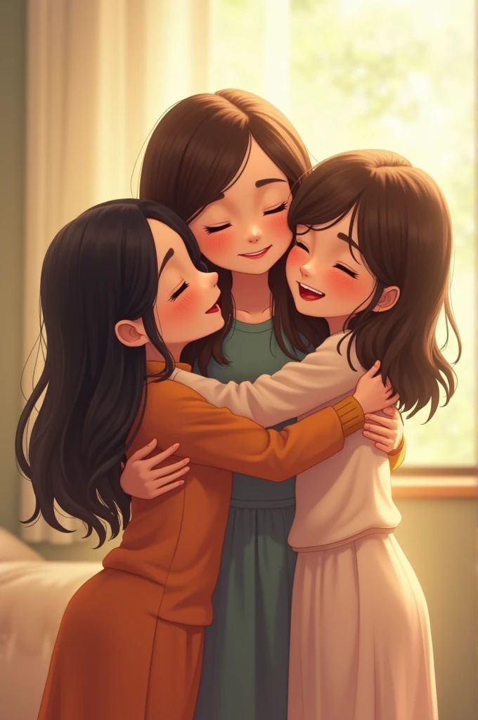 Three sisters together hugging each other, happy.