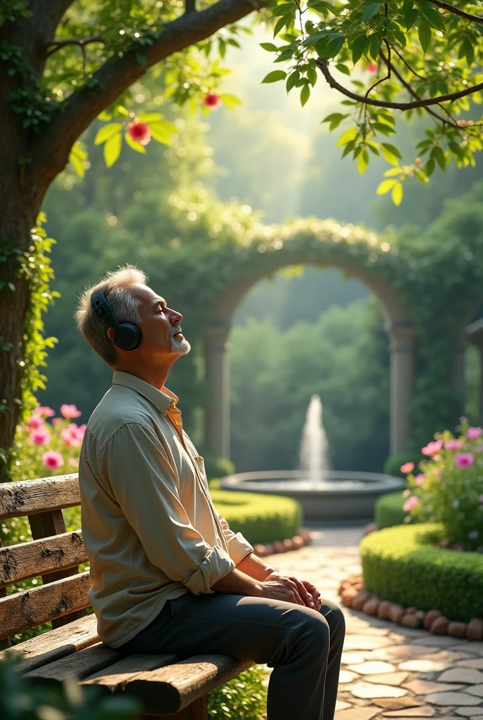 A MAN listening to music and enjoying a garden

