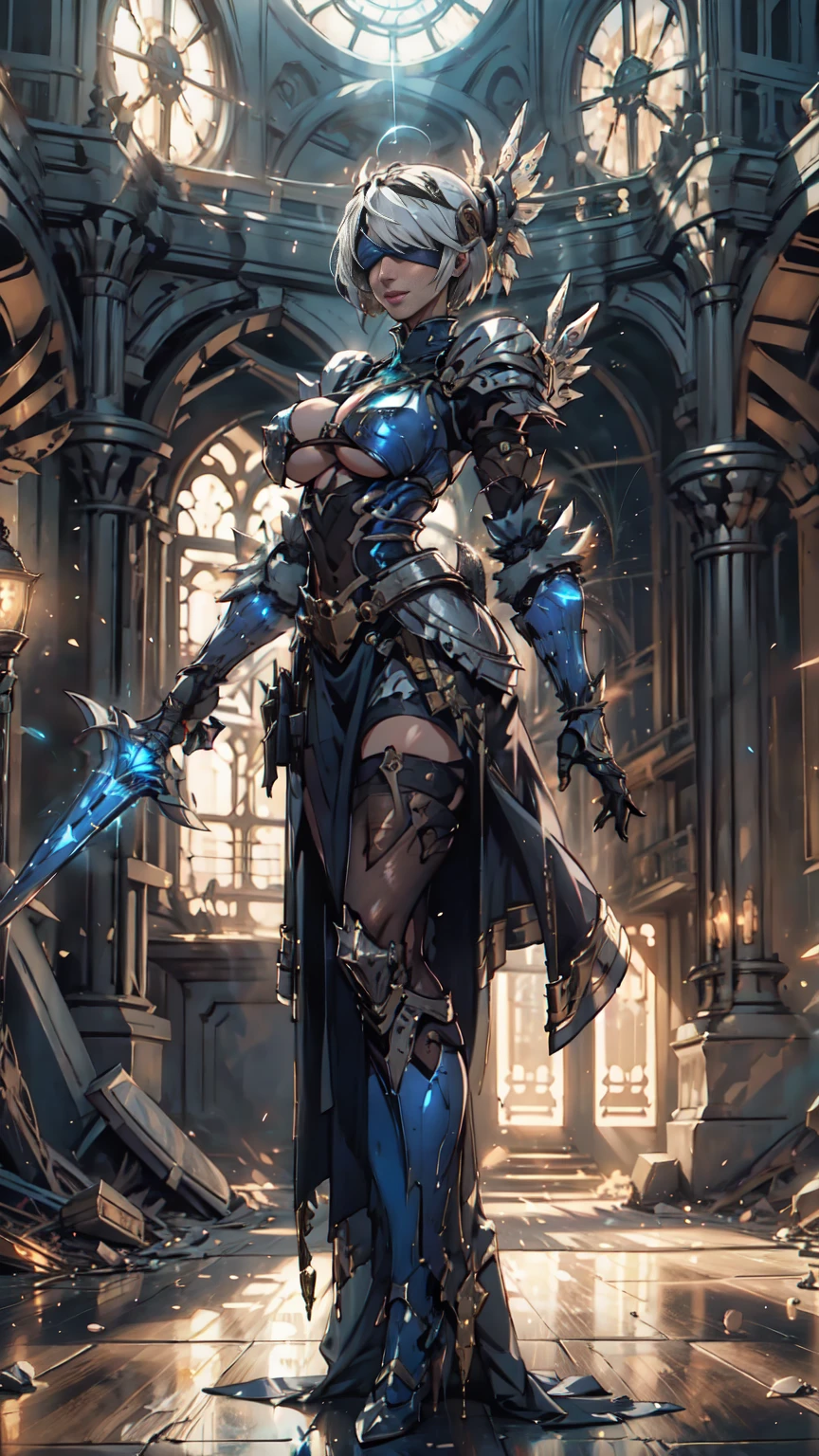 Make a 'kitbash' of Lenneth from 'Valkyrie profile' and 2B from 'Nier: Automata', combine 2B and Lenneth, solo, 1girl, BREAK: ((bright sapphire blue plate mech4rmor)), (boob window), thigh cutout, long skirt, (blindfold:1.27), wings, BREAK: standing contrapposto, (holding glowing spear), light smile, BREAK: plains, castle, BREAK: (better hands, best hands,) (insanely detailed, masterpiece, best quality), strong_negative, Chinese style
