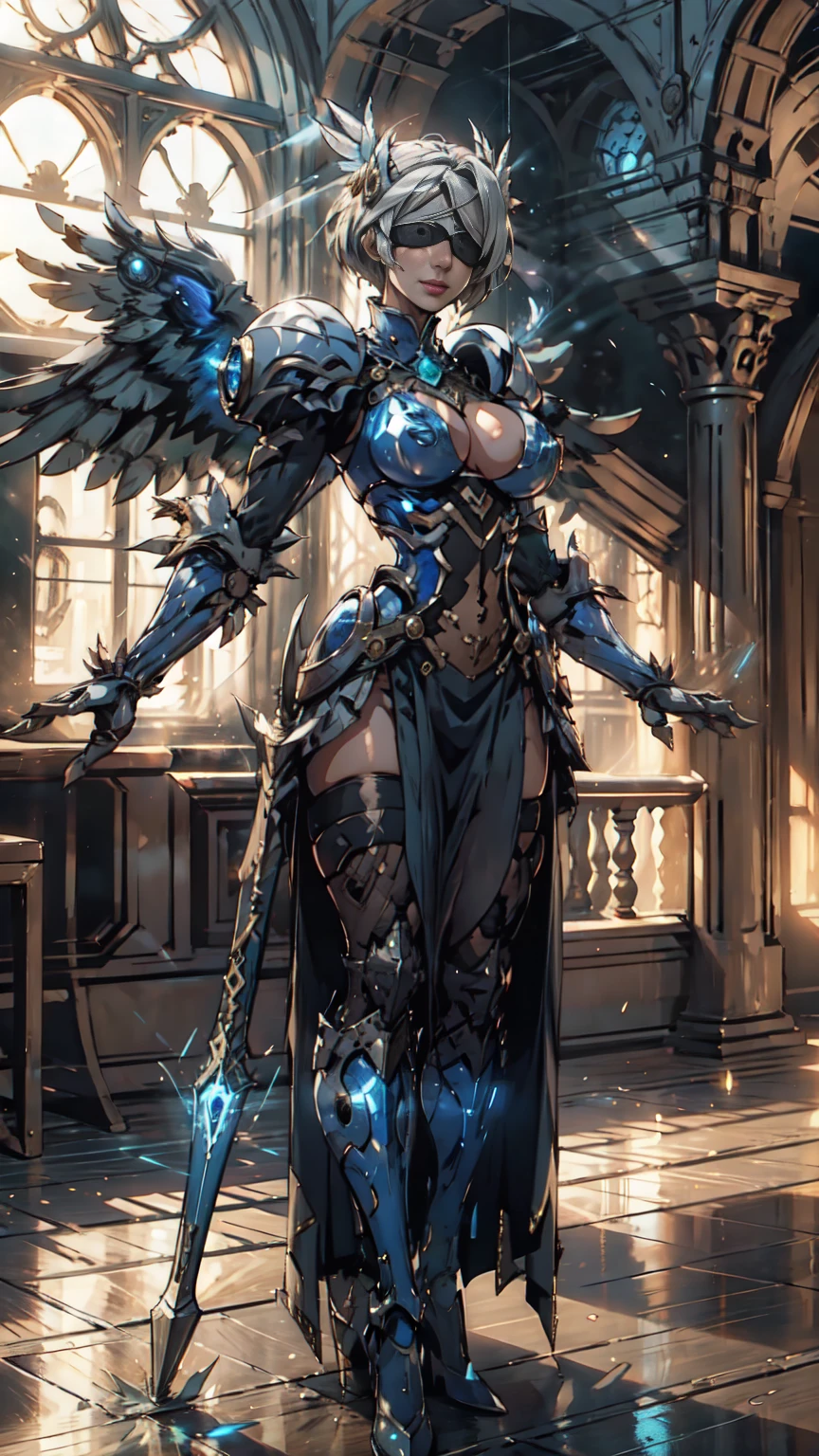Make a 'kitbash' of Lenneth from 'Valkyrie profile' and 2B from 'Nier: Automata', combine 2B and Lenneth, solo, 1girl, BREAK: ((bright sapphire blue plate mech4rmor)), (boob window), thigh cutout, long skirt, (blindfold:1.27), wings, BREAK: standing contrapposto, (holding glowing spear), light smile, BREAK: plains, castle, BREAK: (better hands, best hands,) (insanely detailed, masterpiece, best quality), strong_negative, Chinese style