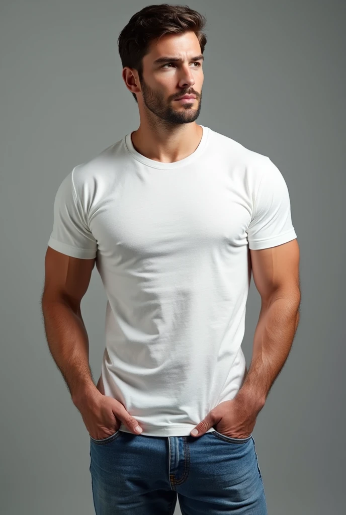 handsome man,  standing straight facing forward,with white t-shirt, denim jeans pants, on a greyish background, cotton t-shirt texture, fitted t-shirt, round neck, striped tights. Medium camera shot.