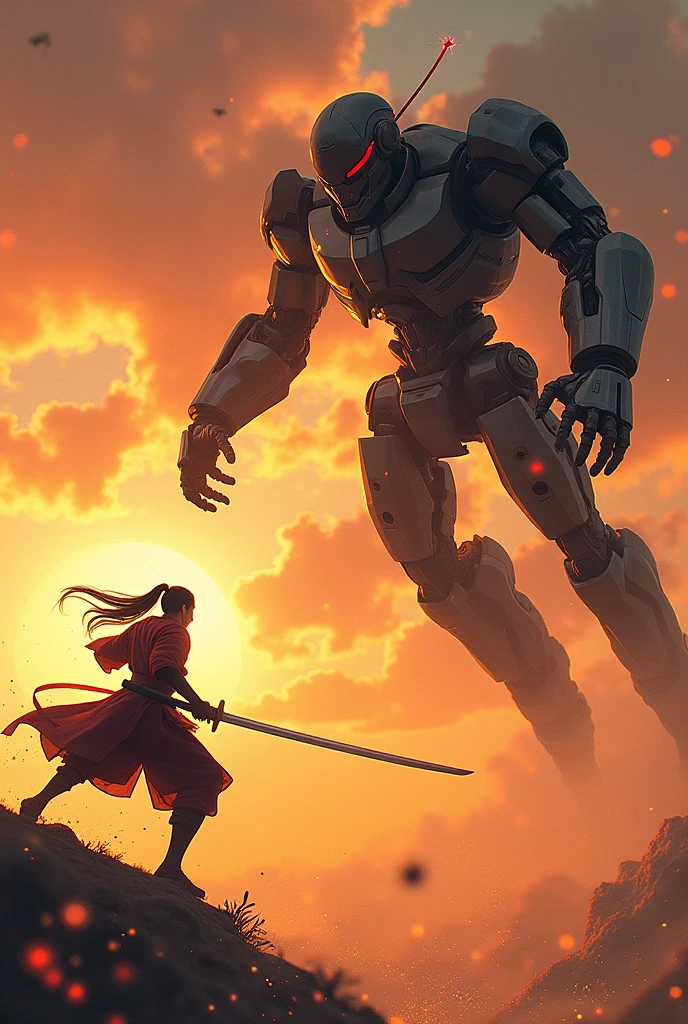 A swordsman fights an armed cyborg in the air at sunset