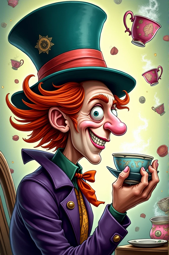 Mad Hatter drinking tea in profile cartoon