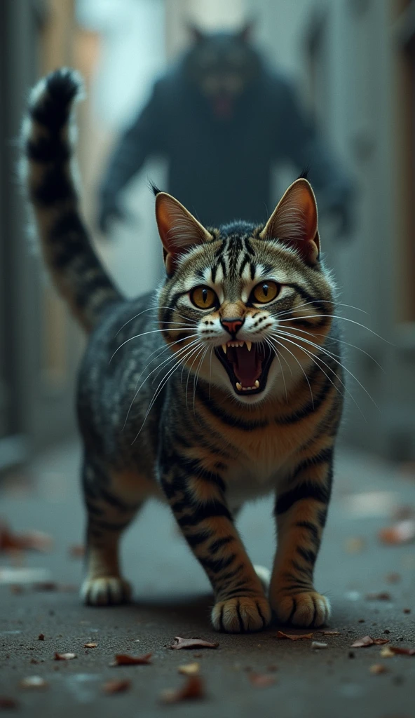 A cat desperately trying to warn of danger. The cat is stomping its front paws, emitting a sharp, tense cry. Its eyes are wide open, focused intently on something with a piercing gaze. The tail is stiff and bristling, standing straight up. The cat’s back is arched, ears flattened against its head, conveying a sense of urgency and tension throughout its body. In the background, there’s a hint of something dangerous lurking