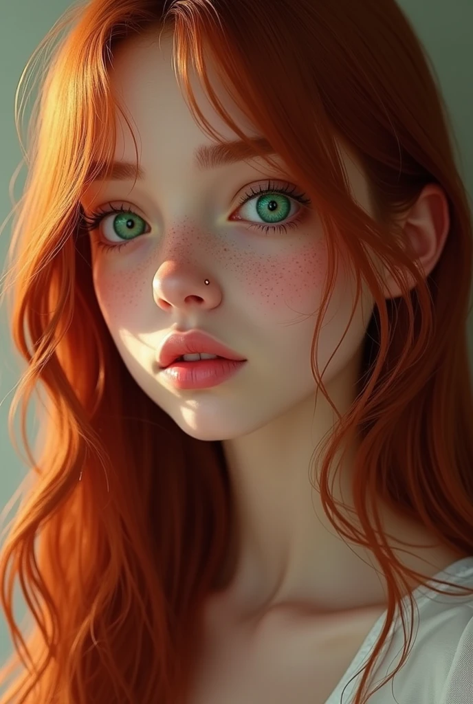 Create a girl of about 20 years old with long, straight dark red hair, fair skin with freckles and green eyes