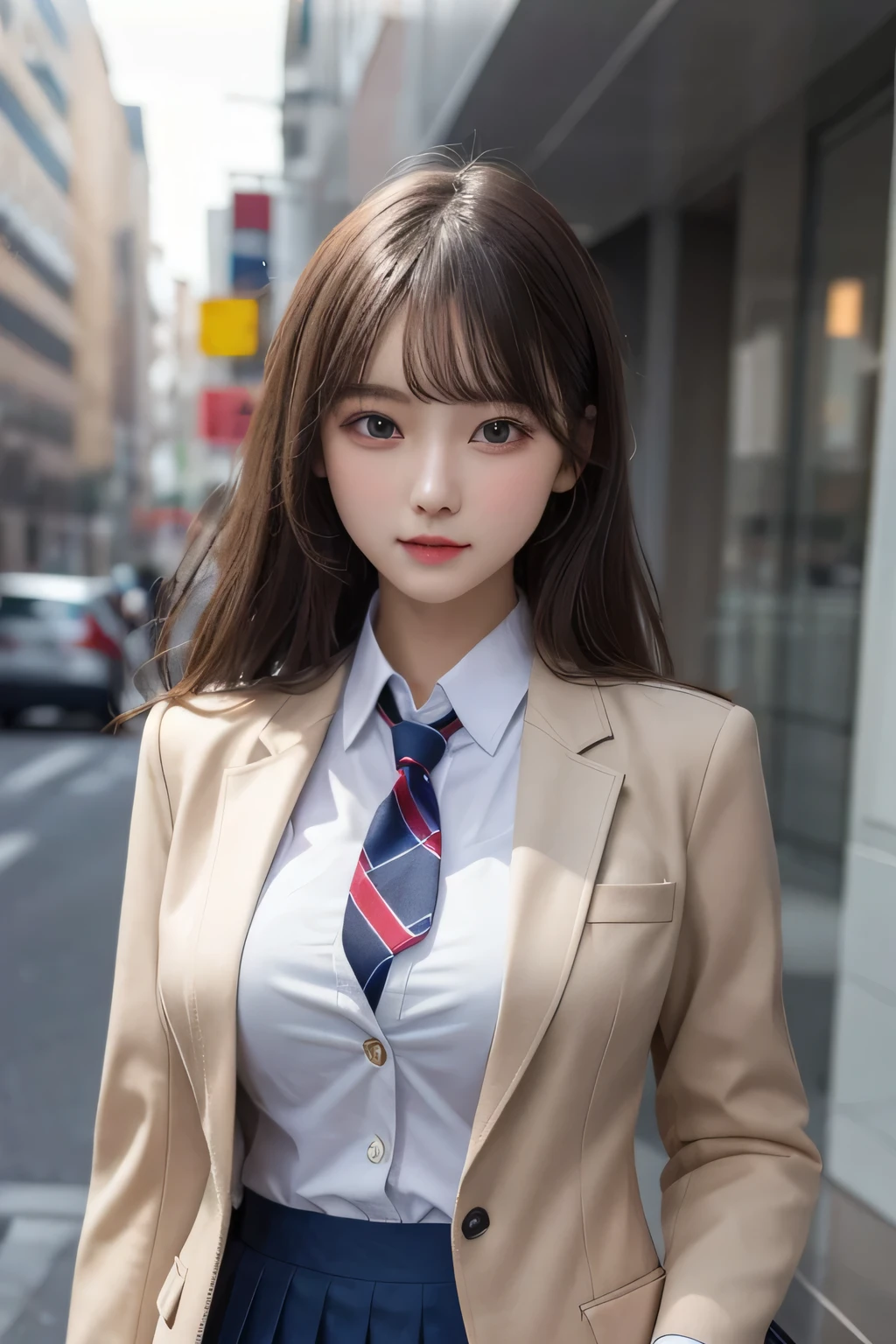 One Girl, 1 person,Highest quality,High resolution,超High resolution,8k,Realistic,Upper Body,encounter_audience,Large Breasts, the body is slim,(blazer School uniform:1.2),