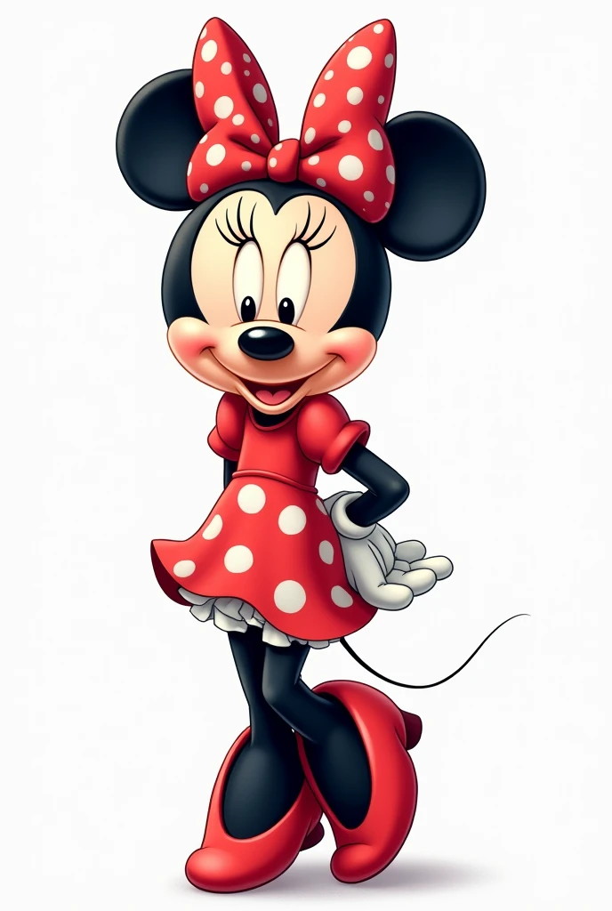 Disney character Minnie Mouse full body with one hand behind her body and another in front, leaning forward .