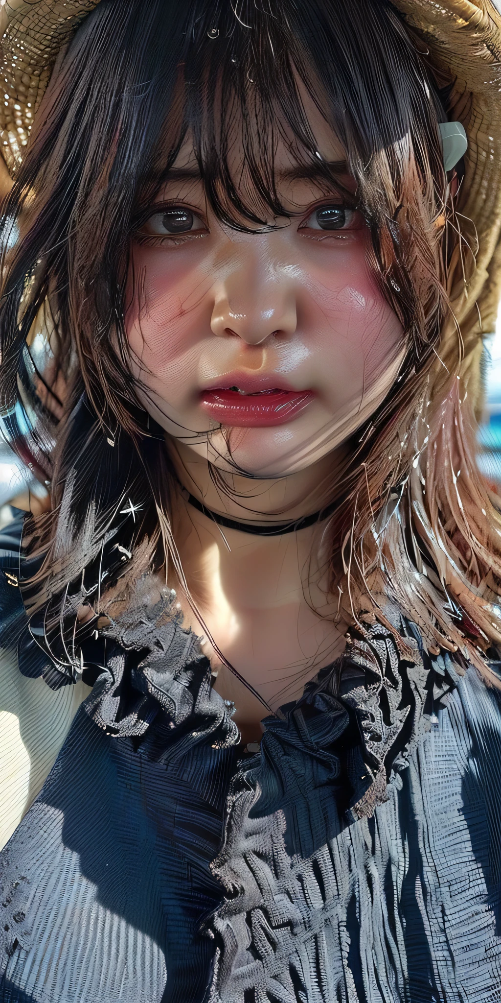 Fashion trendy beautiful and attractive woman, ,(Top quality realistic textured skin:1.4), fine eyes, detailed face, high quality eyes, focus the eyes clearly, nose and mouth,face focus, Super close up of face gentle and charming Chinese beautiful woman, delicate and sexy clavicle, attractive oval face, double eyelid, Smart peach blossom eyes, pink lips, small nose, bare shoulders, focus on face, close up of face, ultra high resolution, Super detailed, full body photo, Ultra thin and transparent,cinematic lighting,rim light,bob cut,((Blonde Hair Color))､Completely naked,(nsfw),(((全身Completely naked))),(((((nsfw))))),(((full body shot))),(The nostrils are pointing upwards)),realistic nostrils、elongated nasal cavity,,,、(sharp nose)frown performance:1.4,,performance,frown,please raise your head、Skin shiny with sweat,oily facial skin,50 degree hot room、(((Skin shiny with sweat))),((((Sweaty all over my face)))),Face enduring severe pain、screaming face,Open your mouth wide and scream,((((My hair is very wet with sweat))))､((((eyes close)))),(((Eyes do not open)))