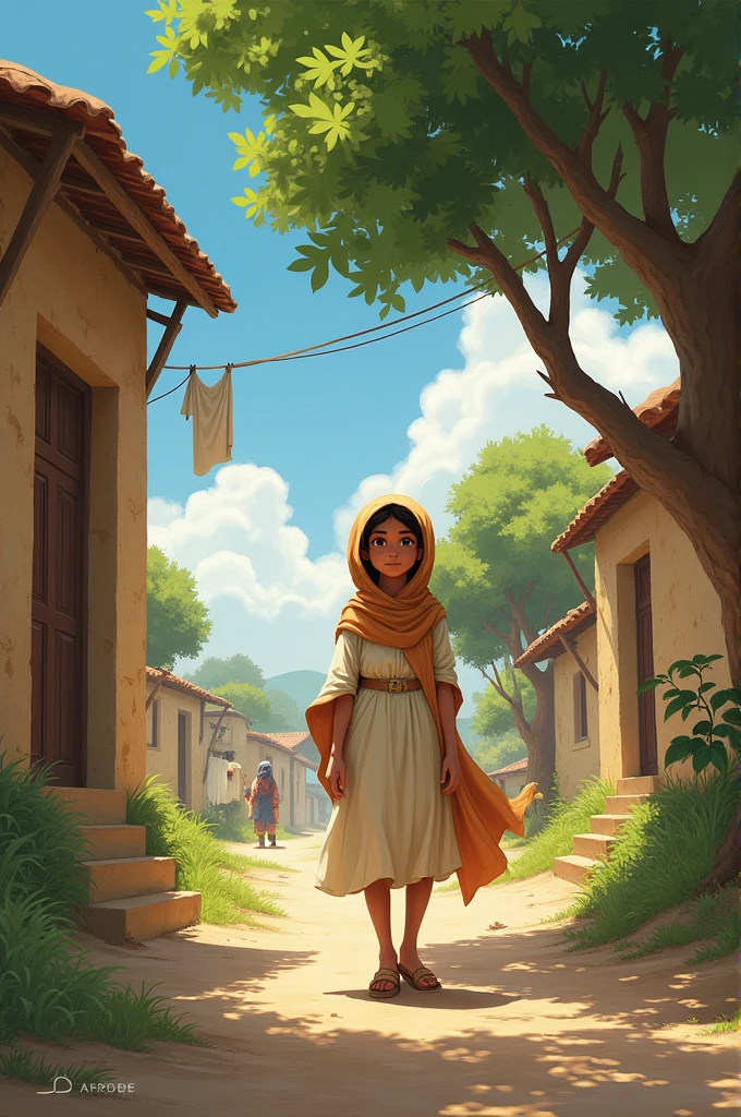 A young girl named Amina, dressed in simple village clothes, walking through a small, peaceful village with traditional houses and trees in the background."