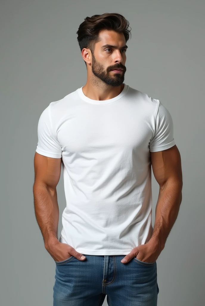 handsome man, standing straight facing forward,with white t-shirt, denim jeans pants, on a greyish background, cotton t-shirt texture, fitted t-shirt, round neck, striped tights. Medium camera shot.
