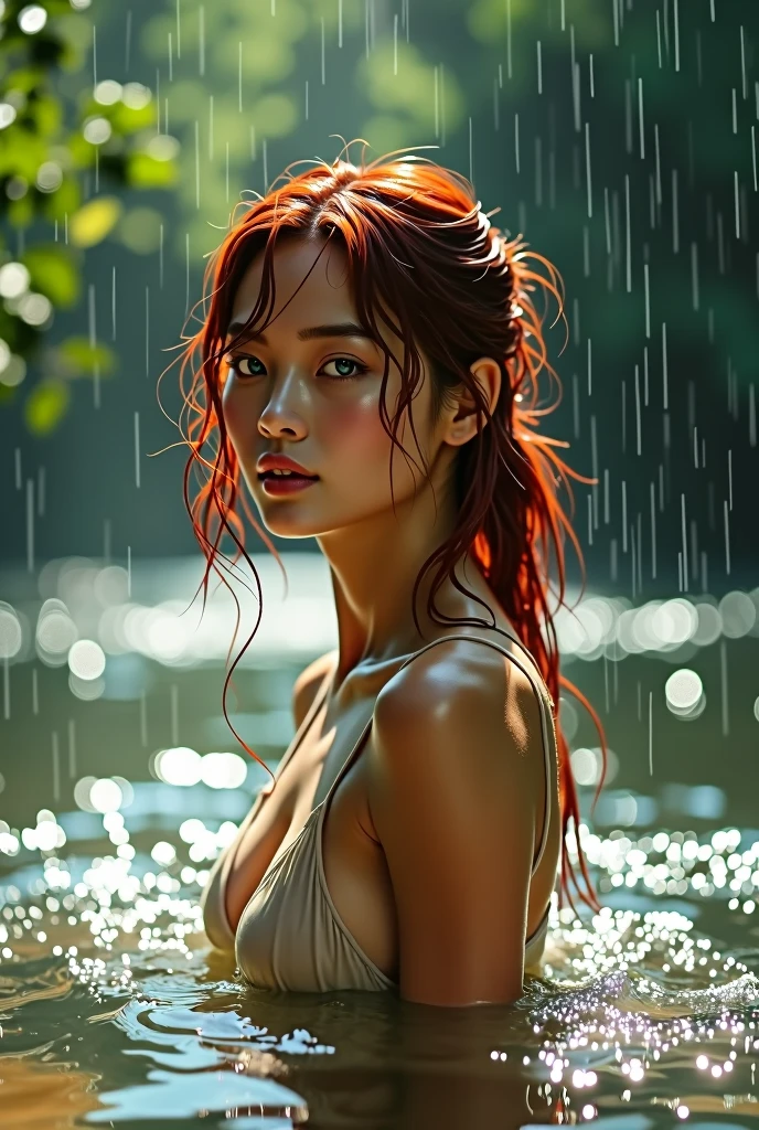 A natural scene amidst flowing water under heavy rain, with trees and slight sunlight filtering through the leaves. In the middle of the river, there's a side profile photograph of a young woman with Thai-Chinese features, blue eyes, and red hair. Her face and hair are drenched from the heavy rain, creating a shimmering effect. The photograph is rich in detail and portrait style, captivating with its intense focus and dramatic setting. She wears a simple beige camisole. Her wet hair and body