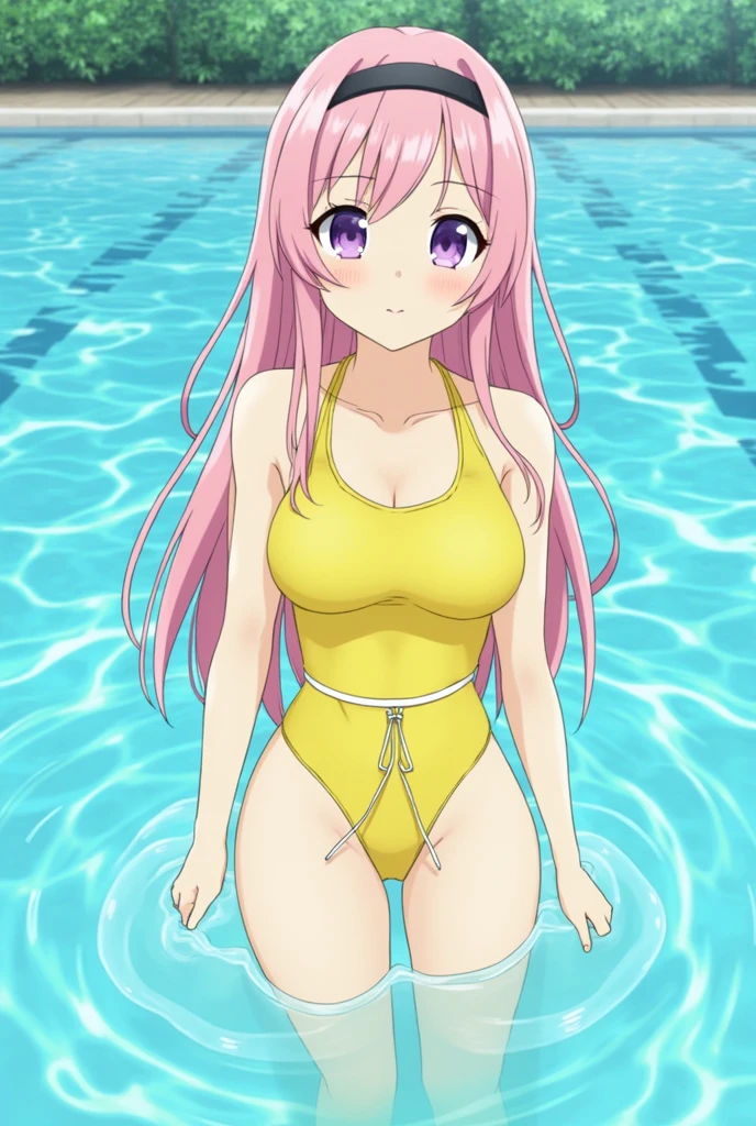 best quality, ultra-detailed masterpiece, anime art style, cute characters, nino nakano, one-piece swimsuit, large breasts, pantyhose, blush, smile, open legs, pussy focus