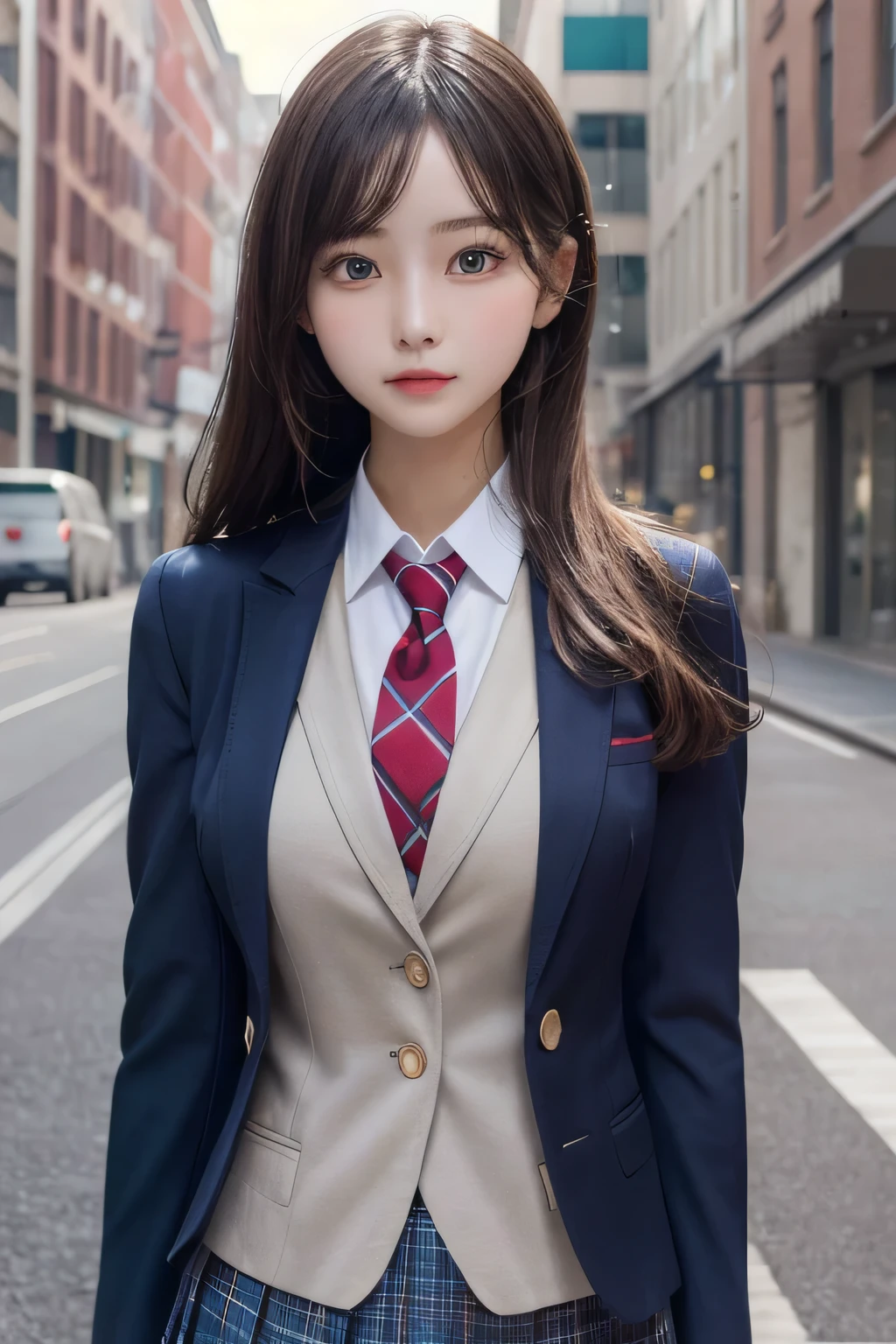 One Girl, 1 person,Highest quality,High resolution,超High resolution,8k,Realistic,Upper Body,encounter_audience,Large Breasts, the body is slim,(blazer School uniform:1.2),