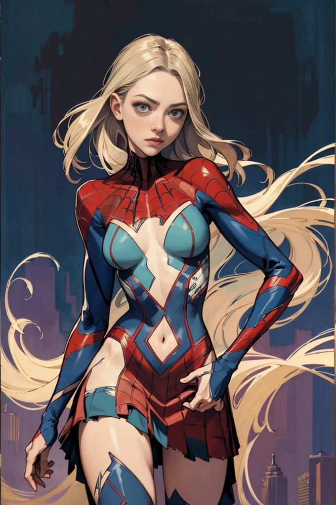 Amanda Seyfried、stick out the navel、new york、wearing a torn spiderman suit、Wearing a skirt、Abstract and realistic、Artistic、Alphonse Mucha paintings(masterpiece、Highest quality、High resolution:1.4)、detailed、Exquisite detail、4K、Splashes of color、Line art、Fibonacci、