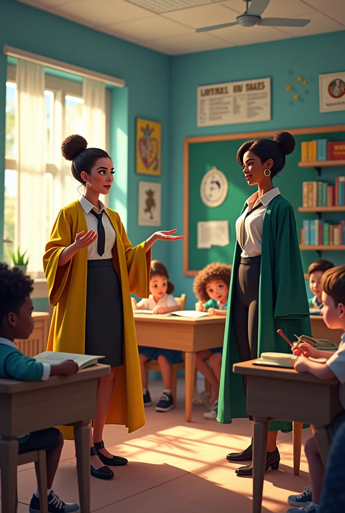 Horizontal image of an elementary school classroom with a female Hufflepuff teacher and a black female Slytherin teacher and students. in a fun Harry Potter themed class, con slytherin y hufflepuff