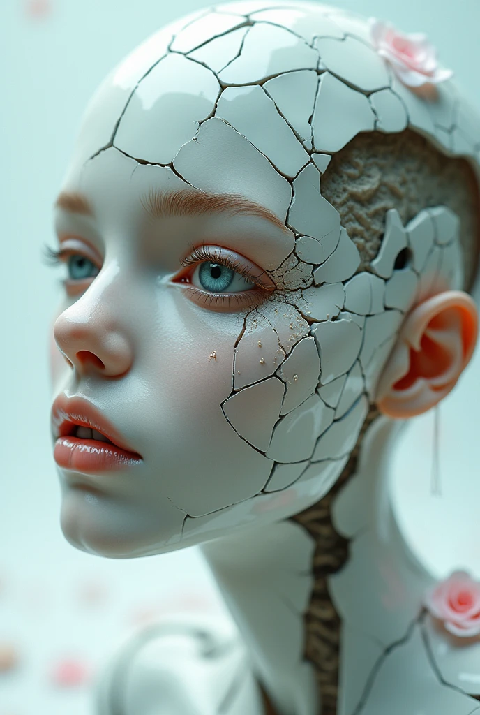 Death of a beautiful humanoid female, close up of a broken android, digital art, cracked porcelain face, futuristic look, captivating, close-up, skull, fragile, emotional, shatter into fragments, shattered glass, shattered pieces of a woman body, made of porcelain, broken, destroyed, abstract patterns, tile art, roses, portrait photography, cinematic, white and light gray, shallow depth of field