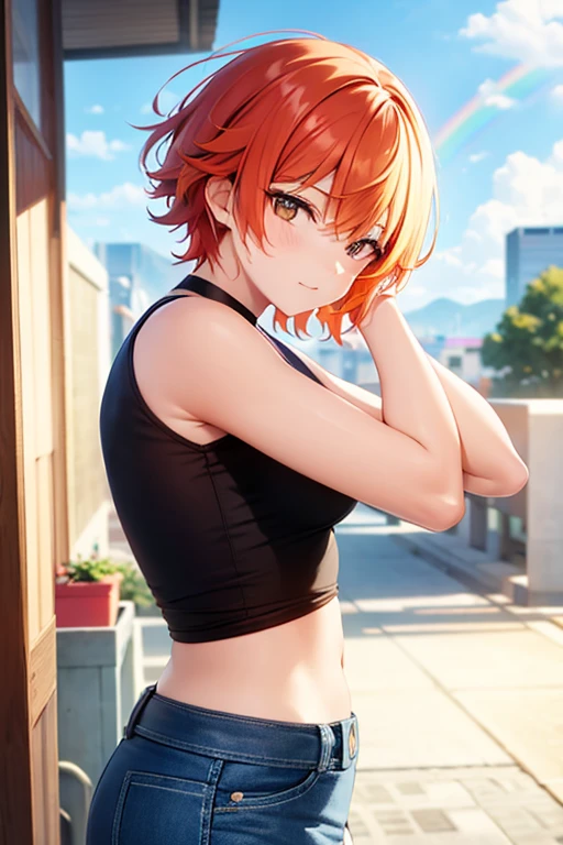 short bright orange hair, from side, rainbow clothes (there/them, lesbian)