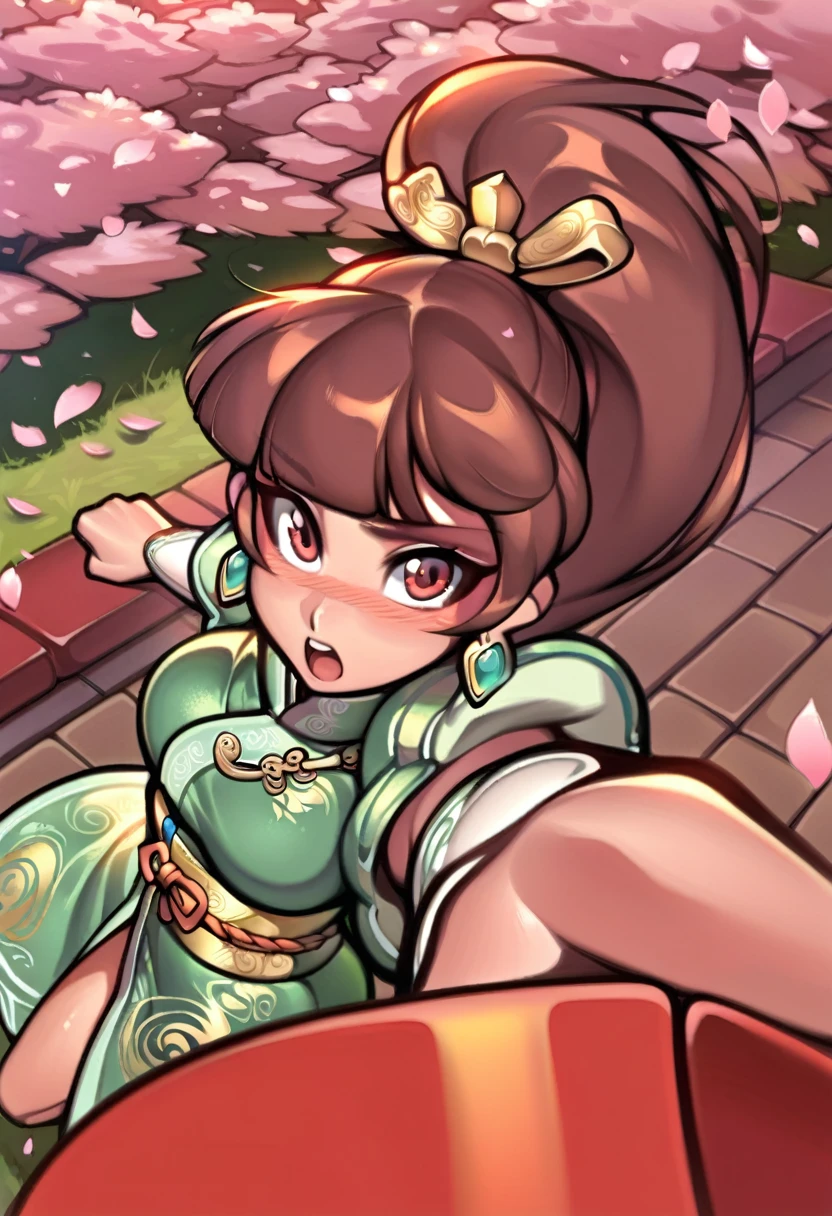 solo, 1girl, blunt bangs, long hair, brown hair, brown eyes, earrings, tied hair, single sidelock, chinese clothes, green dress, detached sleeves, wide sleeves, sash, close-up, reaching towards viewer, chestnut mouth, outdoors, florwer field, petals, wind, blush, clenched hand, aroused, blush, from above score_9, score_8_up, score_7_up, score_6_up, score_5_up, score_4_up, BREAK source_anime, masterpiece