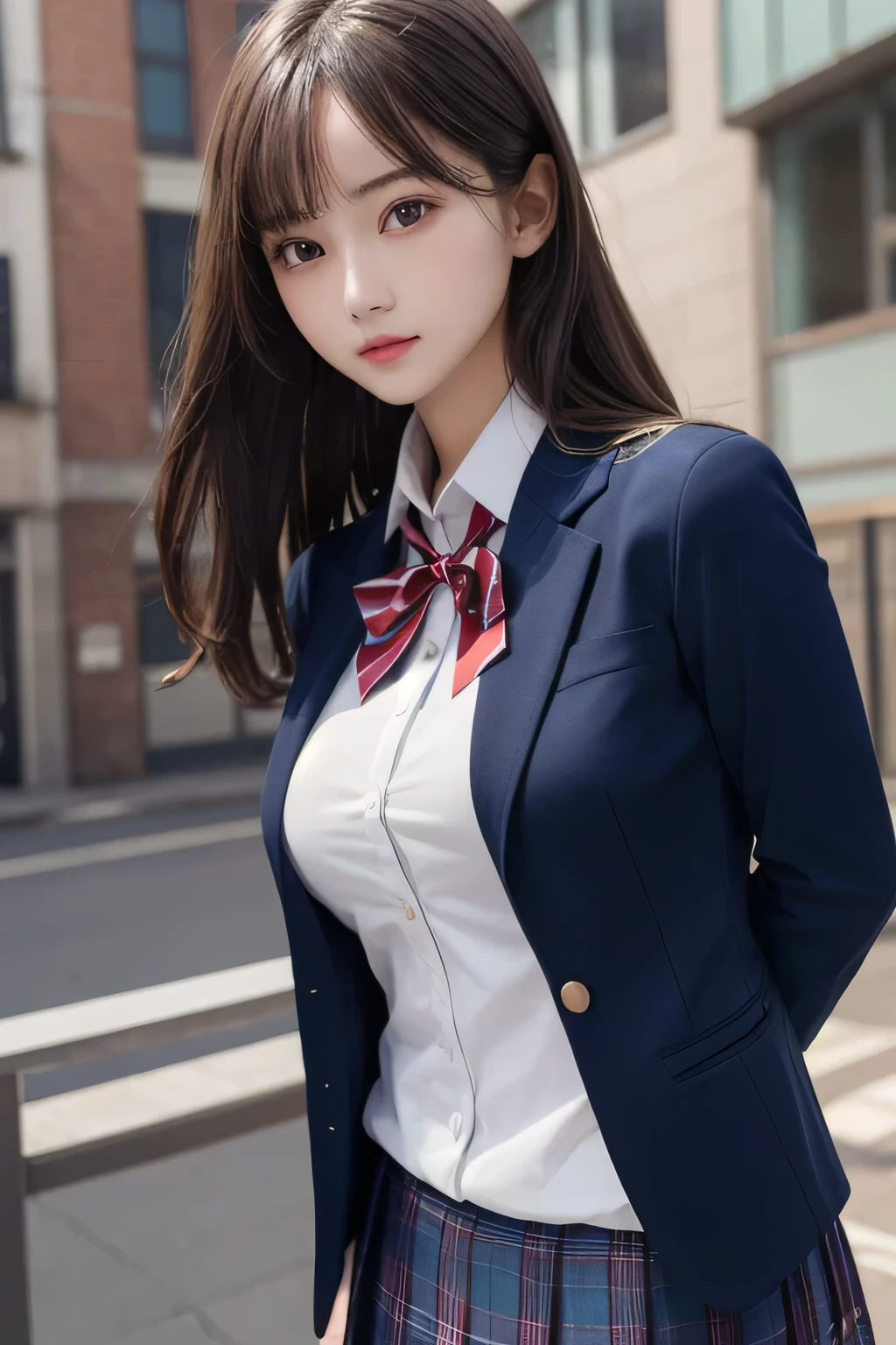 One Girl, 1 person,Highest quality,High resolution,超High resolution,8k,Realistic,Upper Body,encounter_audience,Large Breasts, the body is slim,(blazer School uniform:1.2),