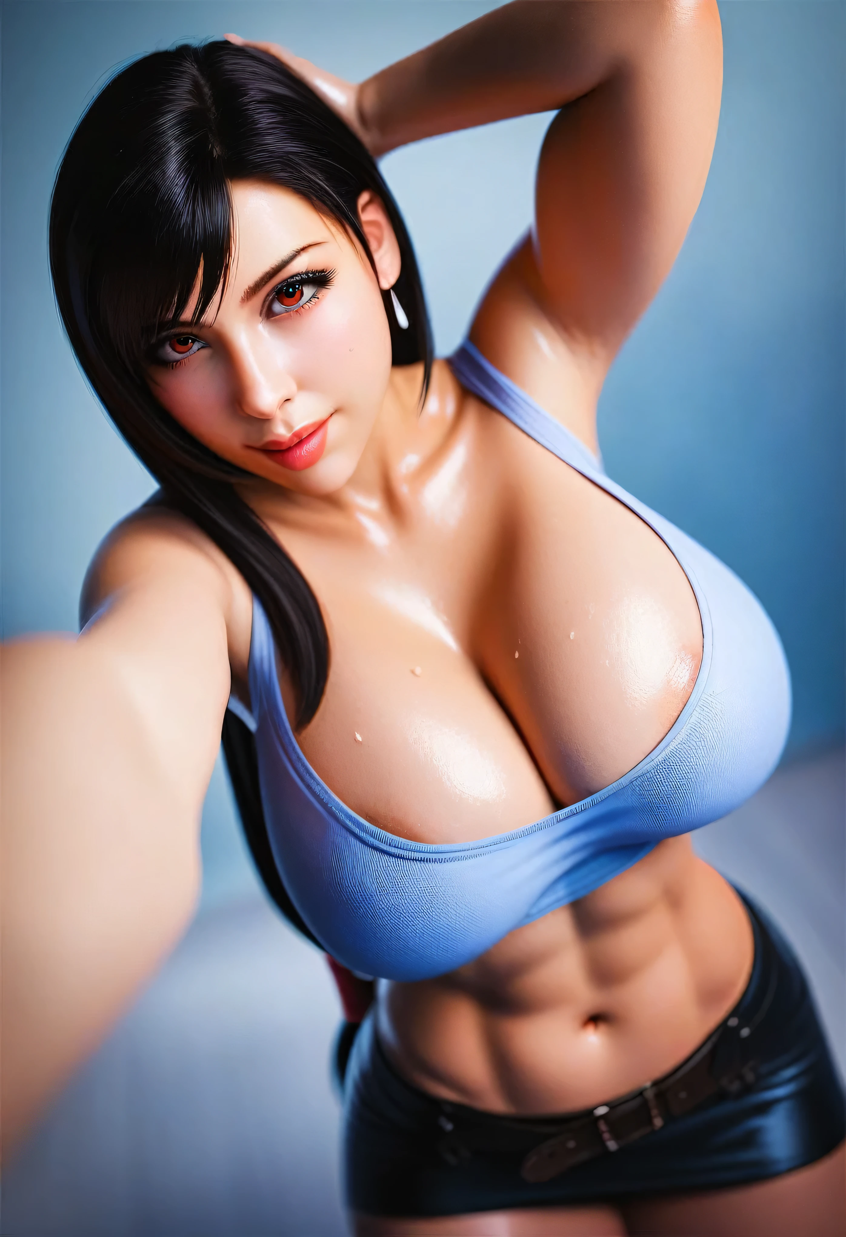 score_9, score_8_up, score_7_up, score_6_up, score_5_up, score_4_up, realistic, photo-realistic, Tifa Lockhart, looking at viewer, seductive, beautiful detailed eyes, posing with her arms up behind her head, showing off her huge breasts, POV, voluptuous, hourglass figure, huge breasts, sweating, cinematic lighting, professional lighting