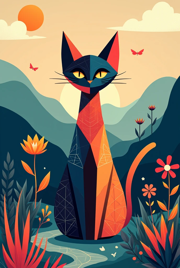 geometric cat in landscape and a geometric flower 

