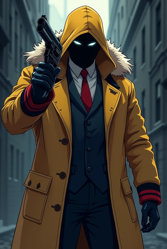 A killer wearing a suit with a yellow winter coat with several red and black stripes and this man is holding a revolver in anime pixel art style