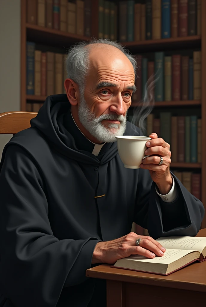 creates an image of an old Jesuit with a little baldness and no facial hair drinking Colombian coffee

