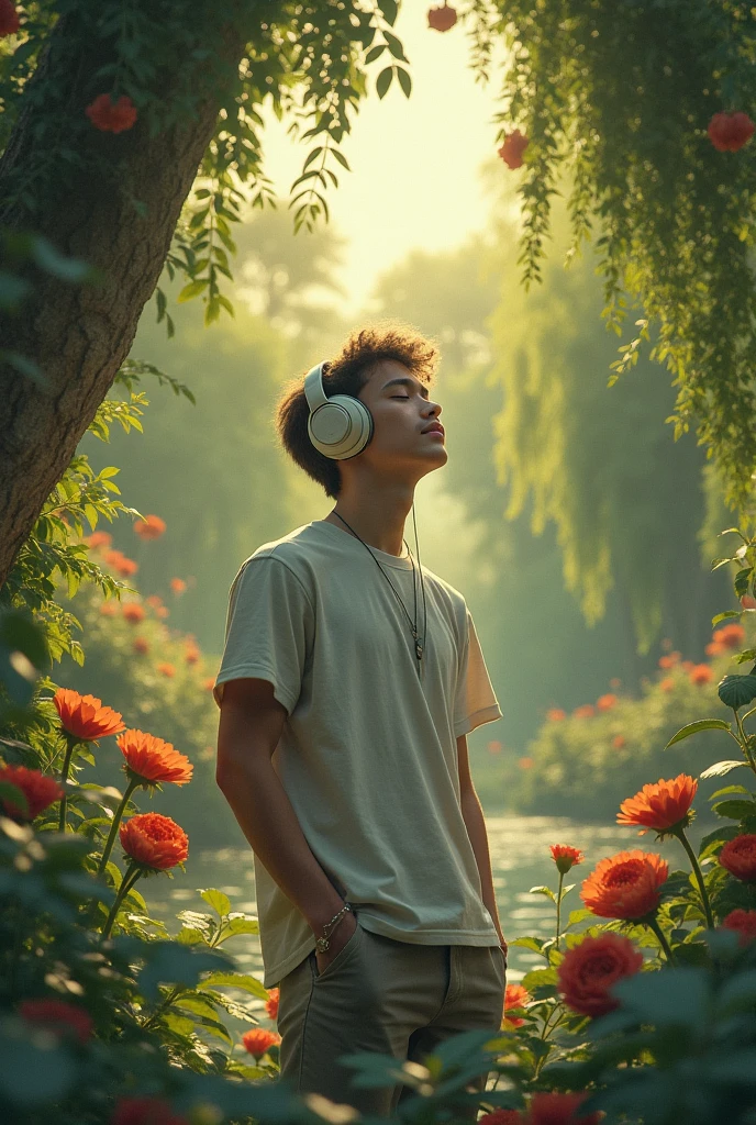 A young man listening to music and enjoying a garden

