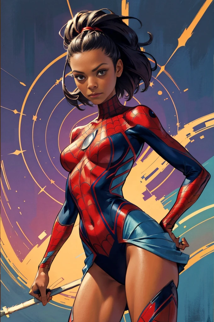 Zoe Saldana、stick out the navel、new york、wearing a torn spiderman suit、Wearing a skirt、Abstract and realistic、Artistic、Alphonse Mucha paintings(masterpiece、Highest quality、High resolution:1.4)、detailed、Exquisite detail、4K、Splashes of color、Line art、Fibonacci、