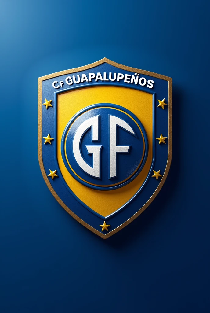A soccer shield called “CF Guapalupeños” , Blue with small yellow details.