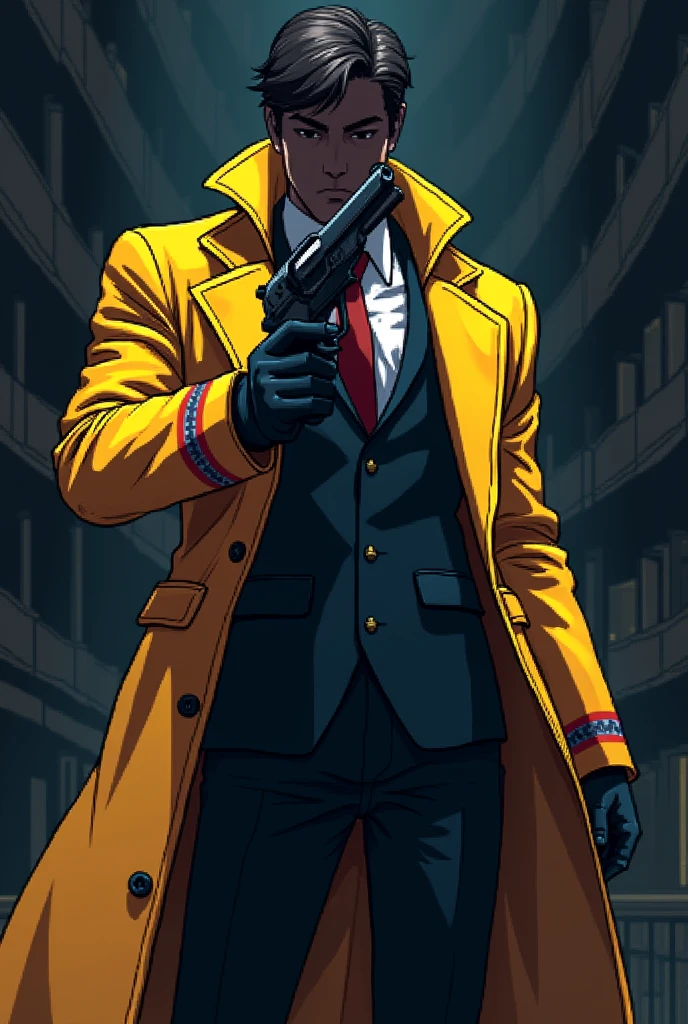 A killer wearing a suit with a yellow winter coat with several red and black stripes and this man is holding a revolver in anime pixel art style