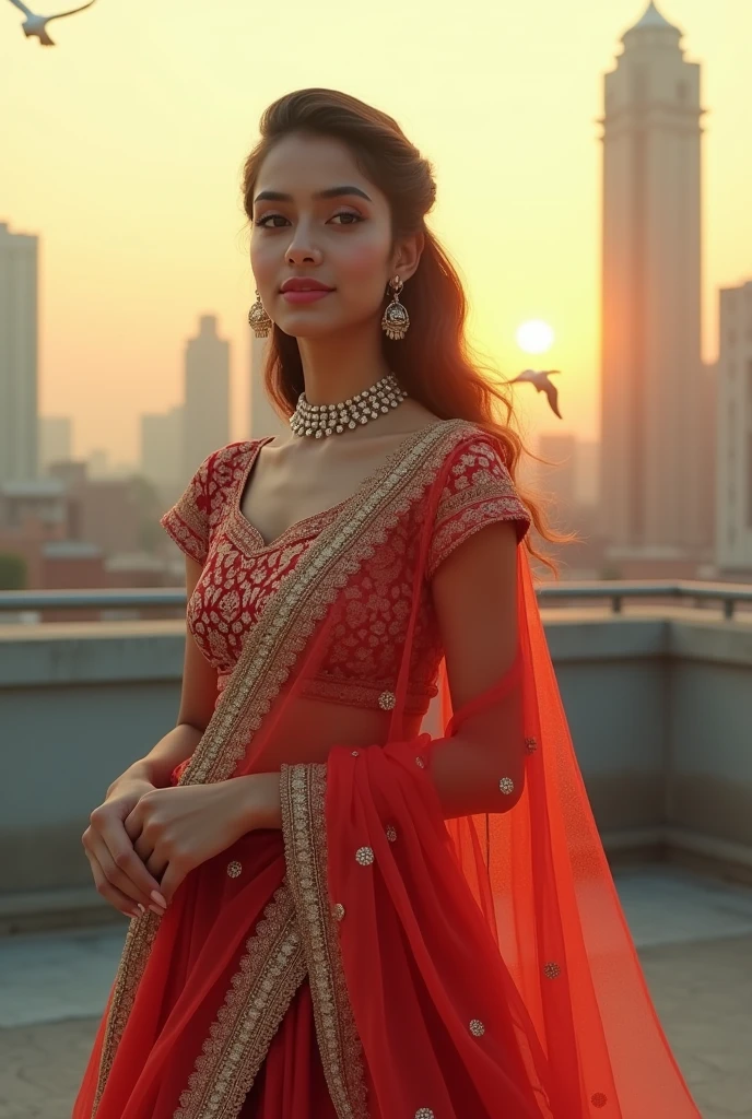 Extremely beautiful 20YO Indian girl, (wearing:1.6 Ghaghara choli), (((holding dupatta away from body in her right hand))), (((shy smile))), eyes symmetry, face symmetry, standing in the rooftop, (background:1.6 skyscrapers, morning sky, birds), UHD, 16K, masterpiece, high quality, cinematic effects, zeta pixel