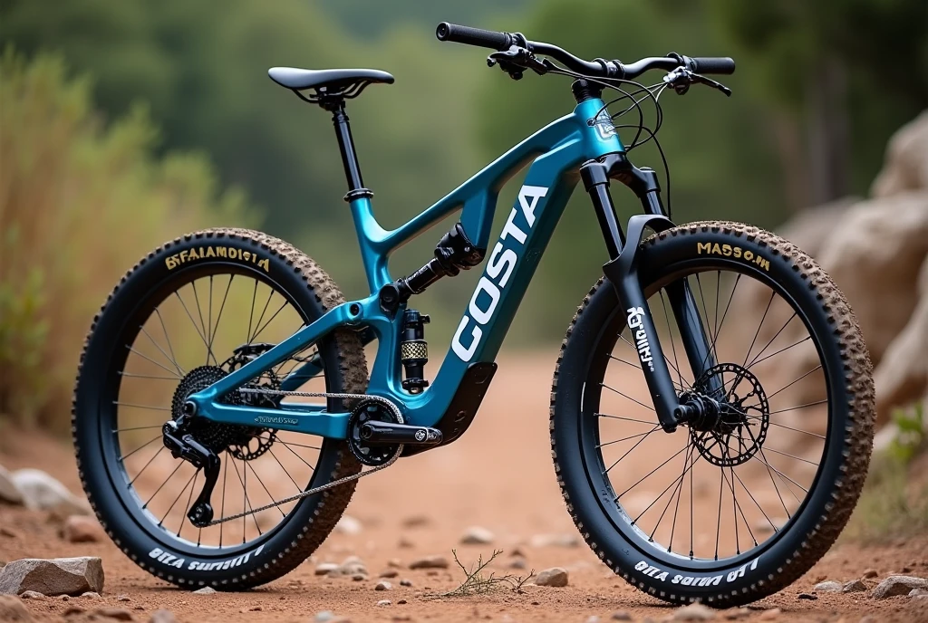 {
"prompt": "A hyper-realistic image of a Brazilian MTB (Mountain Bike) with a rugged and durable design, perfect for off-road trails. The frame should be metallic blue with 'Fernandes Costa' prominently displayed in bold, white block letters on the main frame tube in Portuguese. The bike features thick, knobby tires, a robust suspension system, and disc brakes. The handlebars are wide and designed for rough terrain, with a comfortable, padded saddle. The background shows a natural trail with dirt and rocks, highlighting the bike's off-road capabilities. The overall look is that of a premium, well-crafted mountain bike built for tough trails.",
"size": "1024x1024"
}