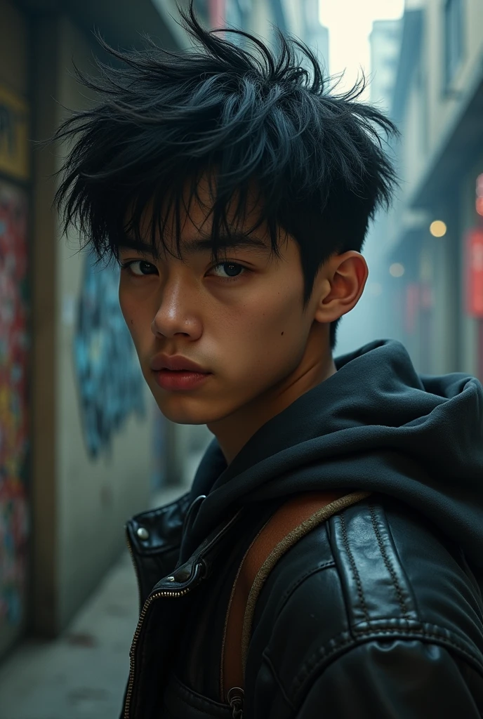 Generate a realistic photo of a 1 age tough Korean boy