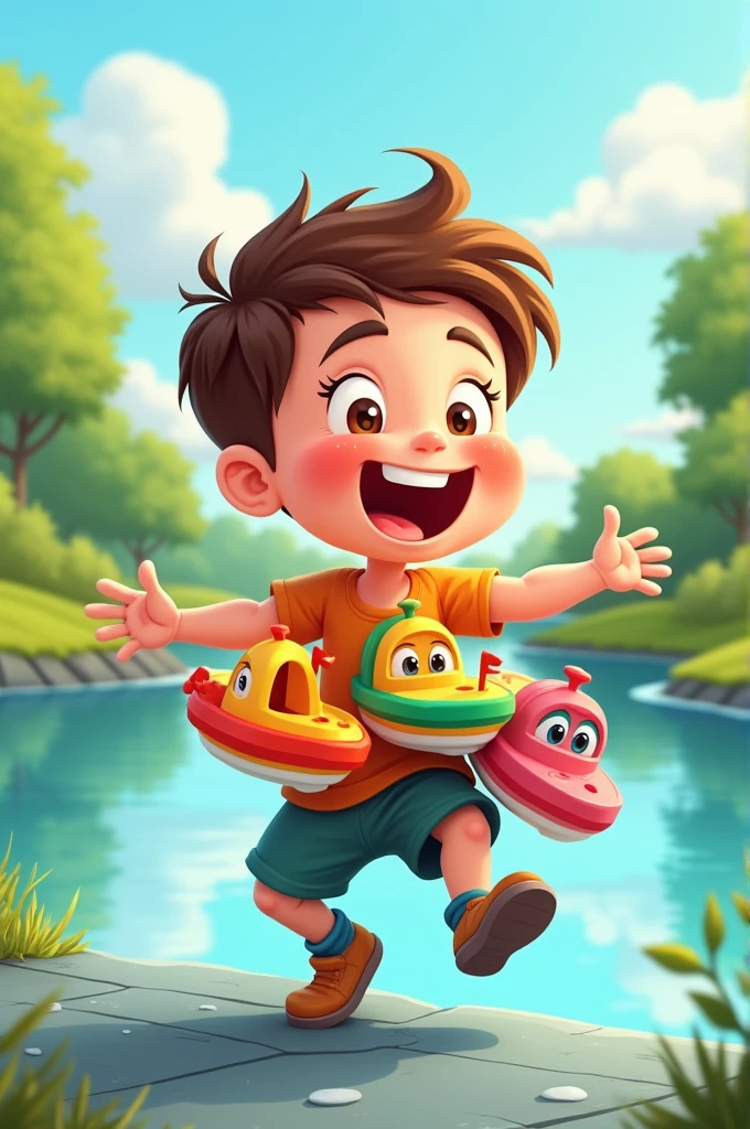 A boy holding 3 toy boats cartoon 
