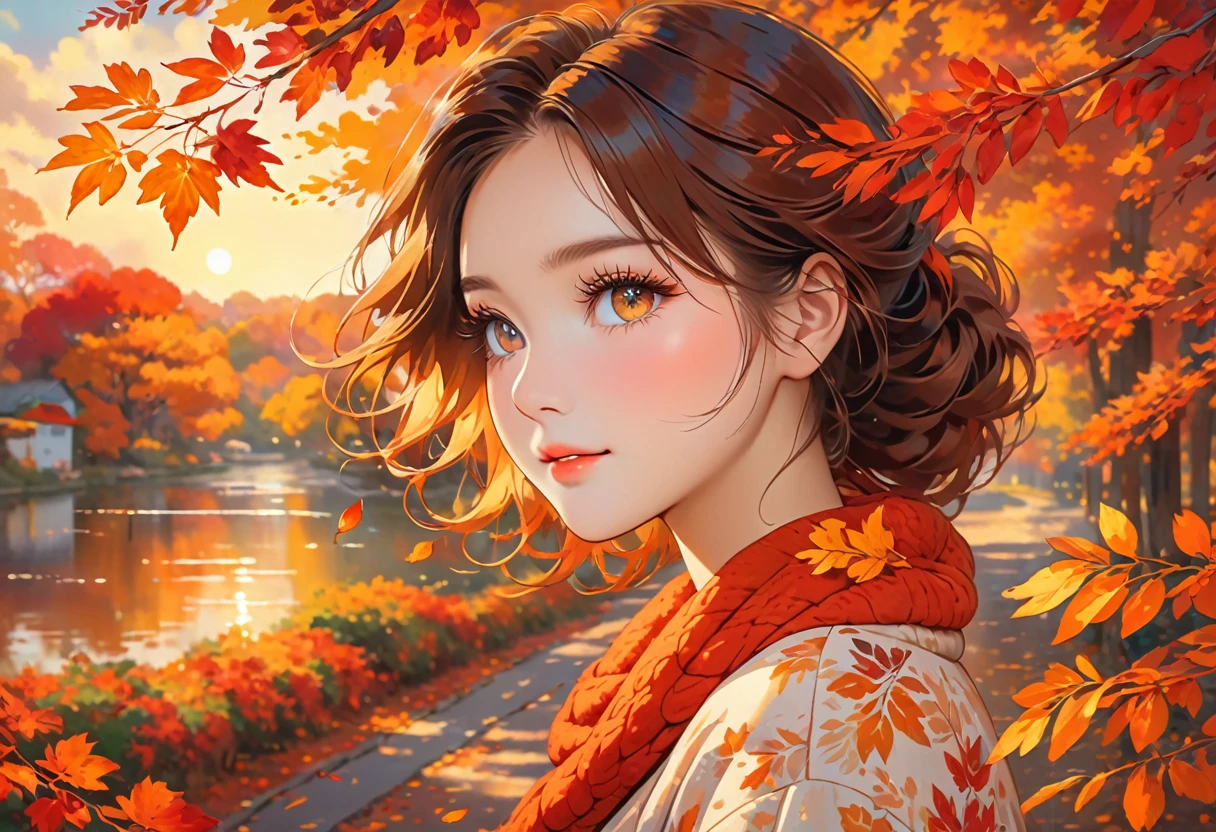 bright colors, falling leaves, golden sunlight, cozy atmosphere, vibrant reds and oranges, soft and warm tones, peaceful setting, gentle breeze, nostalgic mood, autumn foliage, serene expression, delicate eyelashes, captivating gaze