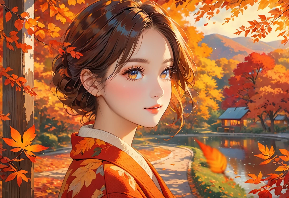 bright colors, falling leaves, golden sunlight, cozy atmosphere, vibrant reds and oranges, soft and warm tones, peaceful setting, gentle breeze, nostalgic mood, autumn foliage, serene expression, delicate eyelashes, captivating gaze