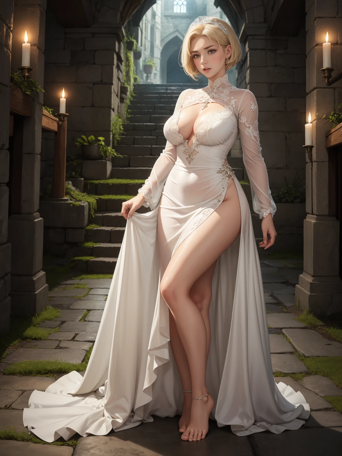 An female noble woman. Fantasy setting. (((Very short hair))), blonde wet hair with a undercut. freckles and liverspots. Round soft face. Round soft chin. Round soft cheeks. Curved lips. Long wide nose. Dark brown eyes. Upturned eyes. barely visible eyebrows. long eyelashes, beautiful green eyes, Friendly. Kind. medieval ambient, in a dark stone dungeon, ((full body)), (((visible feet))), medium breast, white bridal transparent dress,