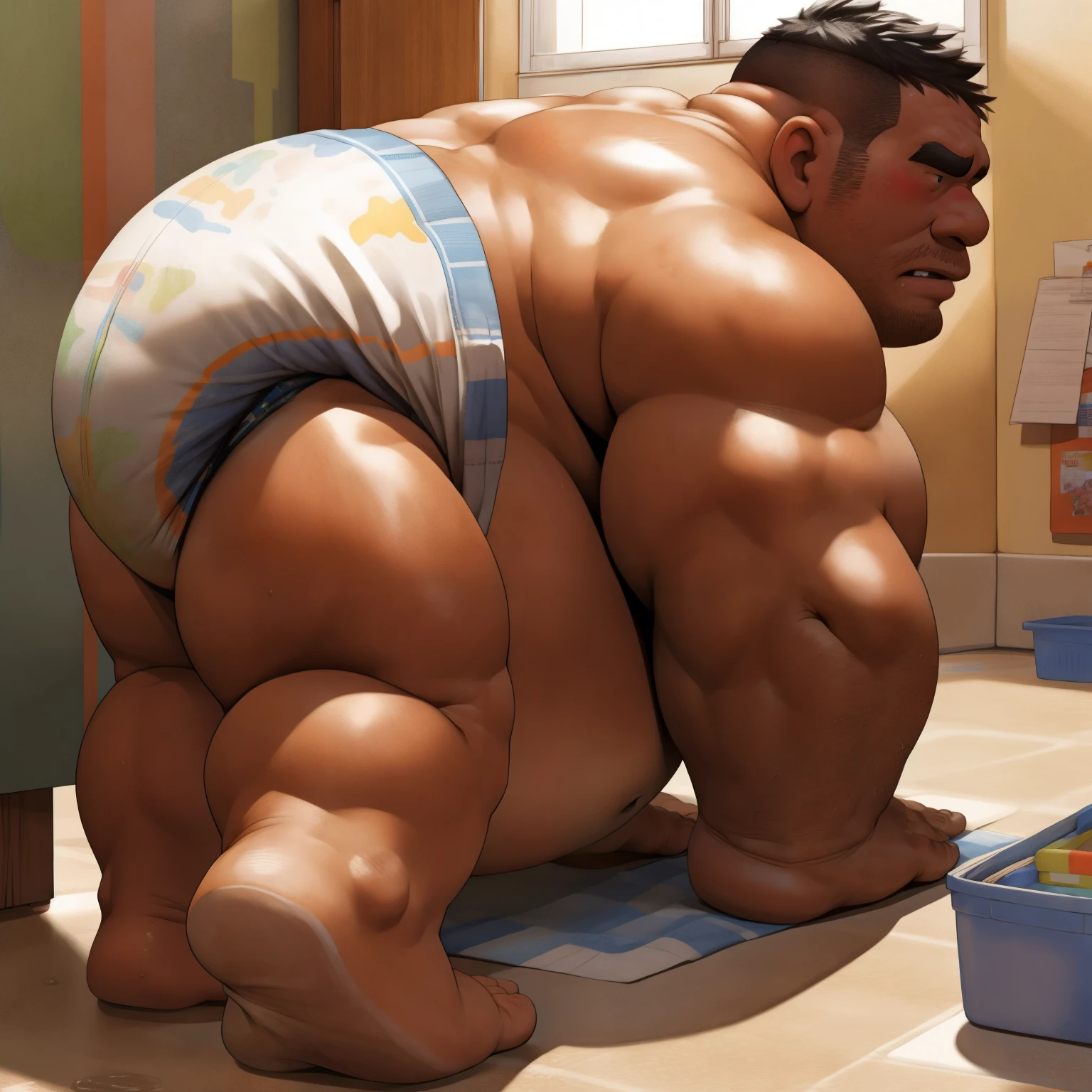 masterpiece, Top quality, in 32K, perfect anatomy, hyper detailed, super fine illustration, The thick man is a brutal prisoner, retarded, hairy human, 50yo in Japan, (fatness: 1.0), Fatty muscle, Bowleg, disappointment, incontinent, be diaper check by children, waddle, There is a small puddle under him, incontinent, Naked, short legs, Bowleg, spread legs, wear a White cloth Diaper, Bare belly, Bare legs, Bare foots, Bare soles, Shirtless, wide forehead and short thinning hair, Man with round face with stubble, Bare foots, Bare soles, shy, sissy, Weaker than children, Drool, Round face, steams, Solo, He enters nursery school and is despised by children, He surrounded by children, His bottom is wet, Bare foots, big butt, he is scolded by the children, White Diaper, He surrounded by children, sobbing, wear a White cloth Diaper, shirtless, There is a small puddle under him, He enters nursery school and is despised by children, big butt, sobbing, He crawling to go to children, on all fours, side view