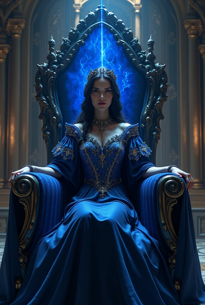 A dark-haired duchess seated on a sapphire throne with a sovereign's order in her hands