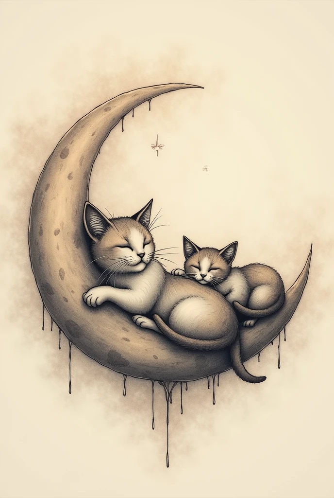 tattoo on arm, of a cat lying on a half moon, with ther cat and anor cat