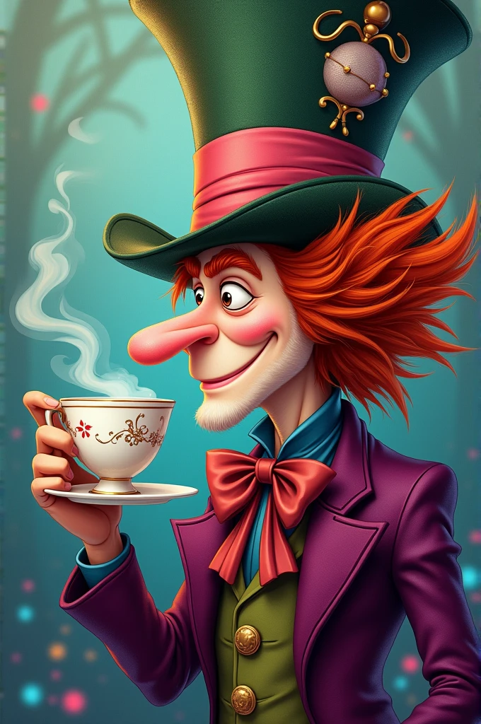 Mad Hatter drinking tea in profile in cartoon