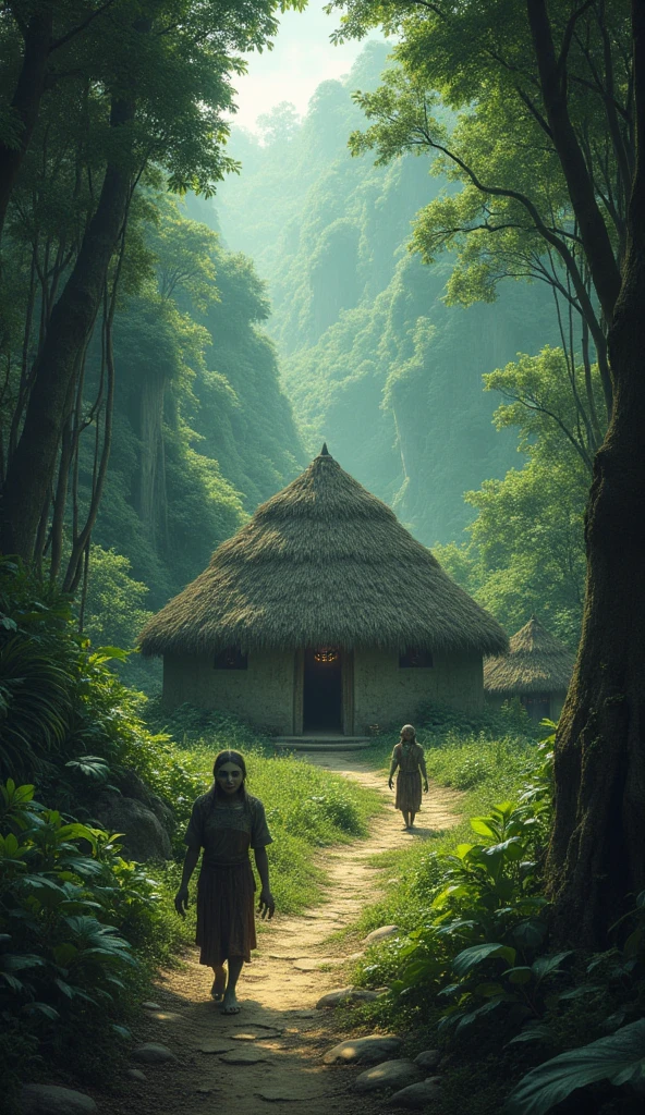 Illustrate a lush, remote jungle valley hidden from the world. In the center of the valley, show a small, mysterious village with primitive huts made of wood and stone. The villagers should appear welcoming but with slightly unsettling features—wide eyes, perfect smiles, and a strange, quiet demeanor