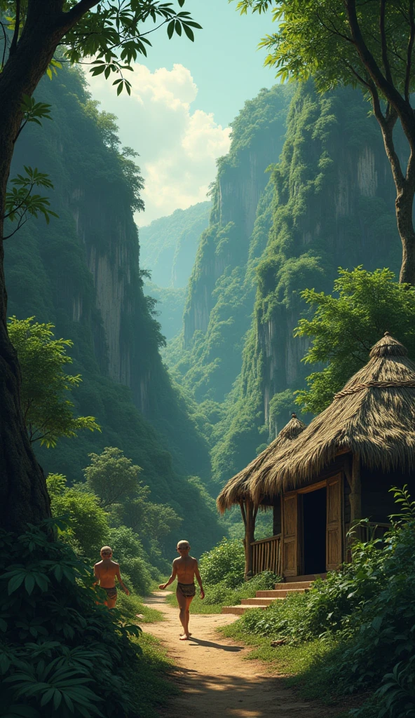 Illustrate a lush, remote jungle valley hidden from the world. In the center of the valley, show a small, mysterious village with primitive huts made of wood and stone. The villagers should appear welcoming but with slightly unsettling features—wide eyes, perfect smiles, and a strange, quiet demeanor