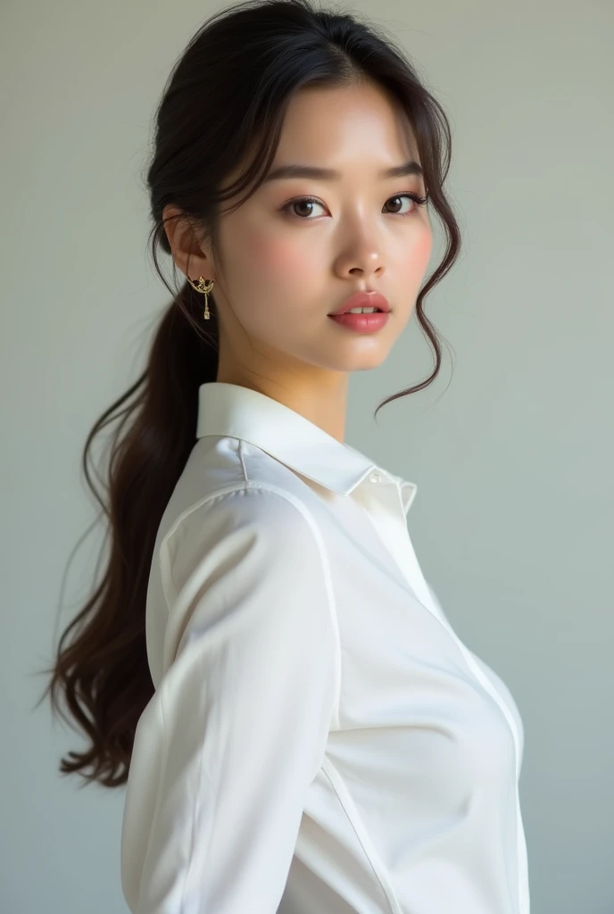 A pretty woman, dressed in white shirt, full body portrait, Pretty perfect face with perfect face, Hyperrealistic concept, 8k resolution, photography quality, posing for a photo showing her ass, realistic photo,