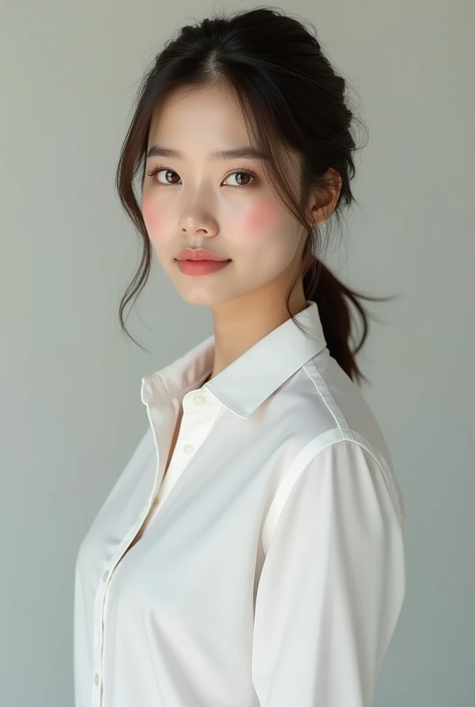 A pretty woman, dressed in white shirt, full body portrait, Pretty perfect face with perfect face, Hyperrealistic concept, 8k resolution, photography quality, posing for a photo showing her ass, realistic photo,