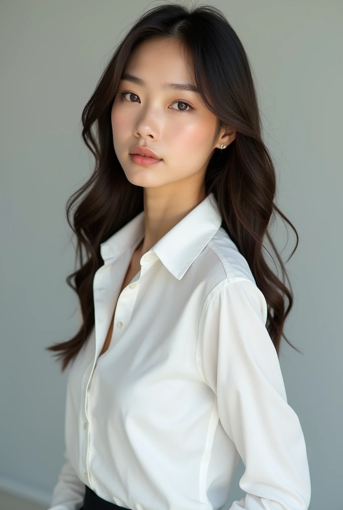 A pretty woman, dressed in white shirt, full body portrait, Pretty perfect face with perfect face, Hyperrealistic concept, 8k resolution, photography quality, posing for a photo showing her ass, realistic photo,