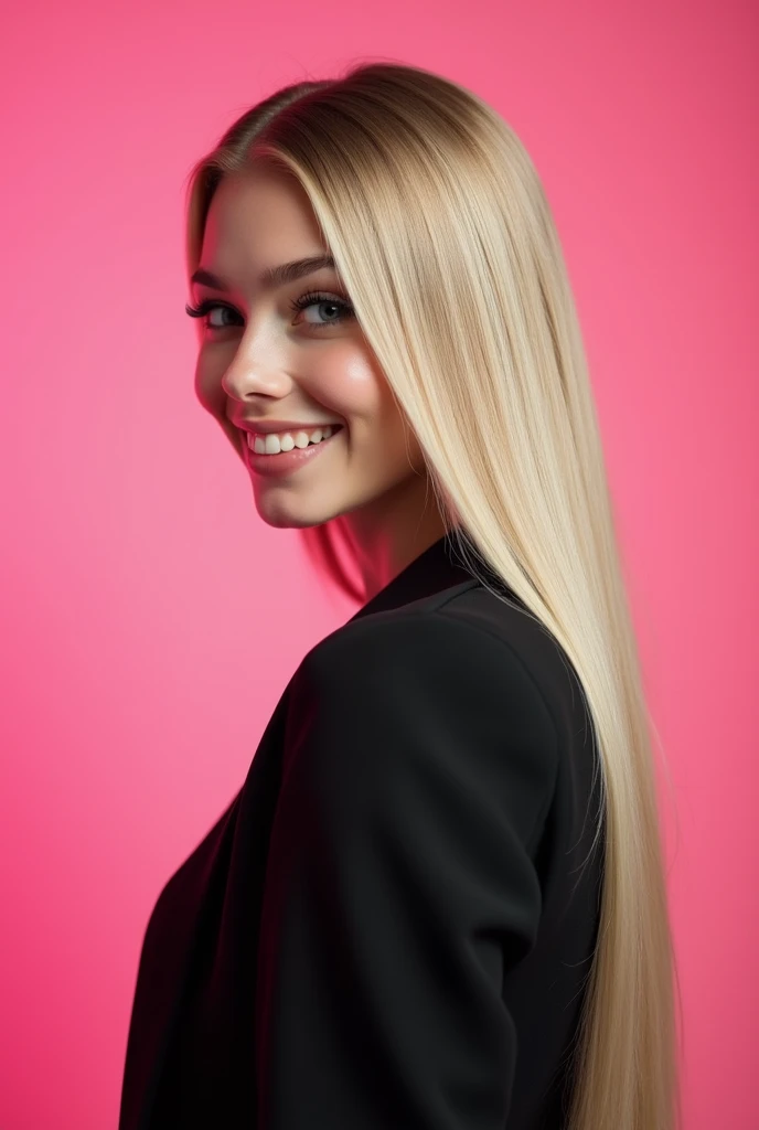 Blonde woman with long hair wearing a black jacket and a pink background, brunette with dyed blonde hair, looking at side, long blonde hair and big eyes, inspired by Károly Lotz, profile image, perfect silky straight hair, snatching ombre blonde hair, straight hairstyle, long straight blond hair, with long blonde hair, profile image, professional profile photo, Grinning